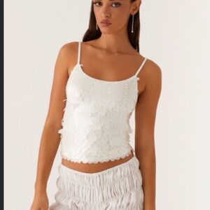 Peppermayo Britta White Sequin Tank Top with Spaghetti Straps